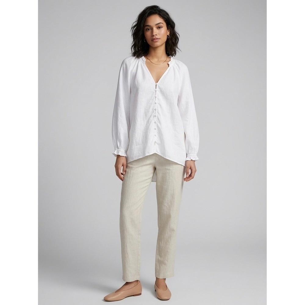 Maeve Anthropologie White 100% Linen Button Front Balloon Sleeve Blouse Medium